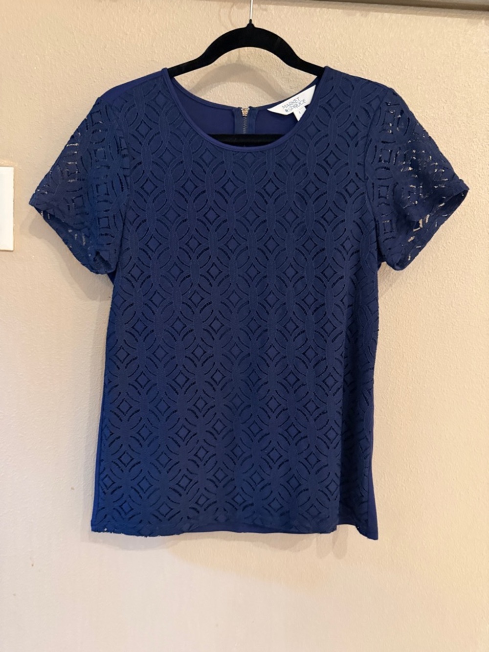 Worthington Royal Blue Geometric Lace Short Sleeve Top